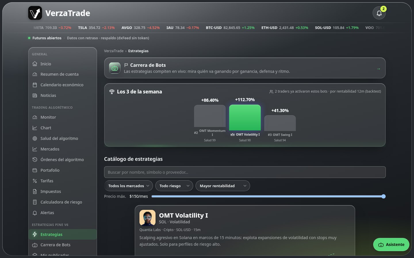 Catálogo de estrategias de la app: Carrera de Bots, los 3 de la semana y el catálogo filtrable por mercado y riesgo